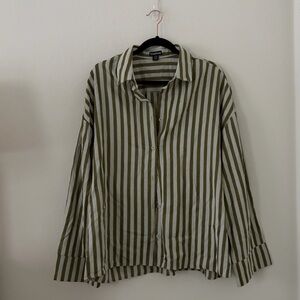 NEW boohoo Striped Button Down Shirt, Sage and Light Blue/Gray, size: medium